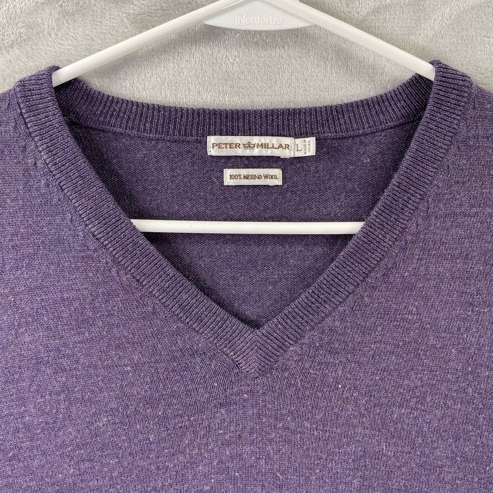 Peter Millar Sweater men's Large Purple V-Neck 100% Merino Wool Pullover Knit - Picture 3 of 12
